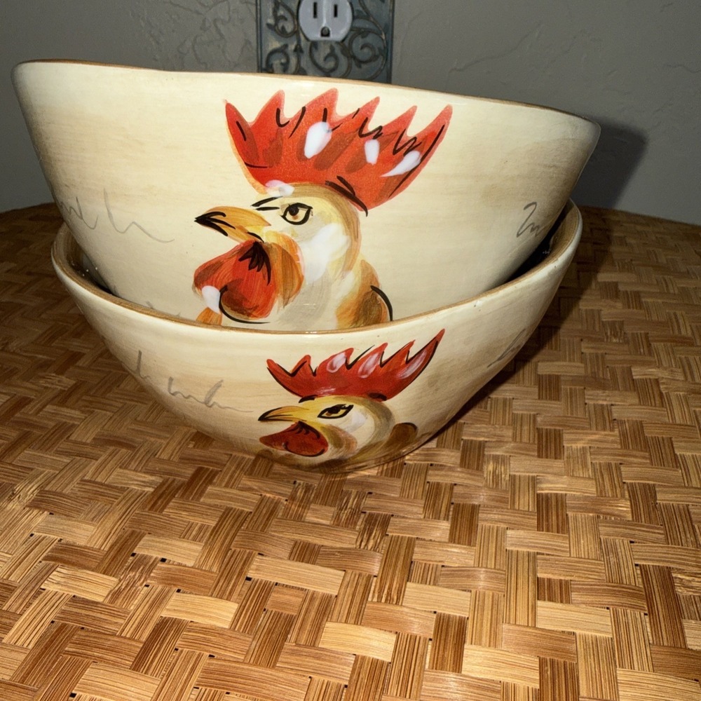 Tabletops Gallery Romalo Rooster Bowls Set 2 Hand Painted Farmhouse Kitchen